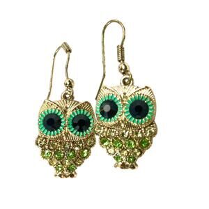 Small Irish Owl Dangle Earrings Gold tone metal green & clear rhinestones vtg